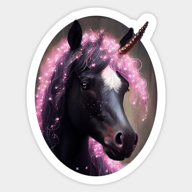 Unicorn Black and Pink Fairy Surreal Fantasy Creature Portrait Sticker by BluedarkArt